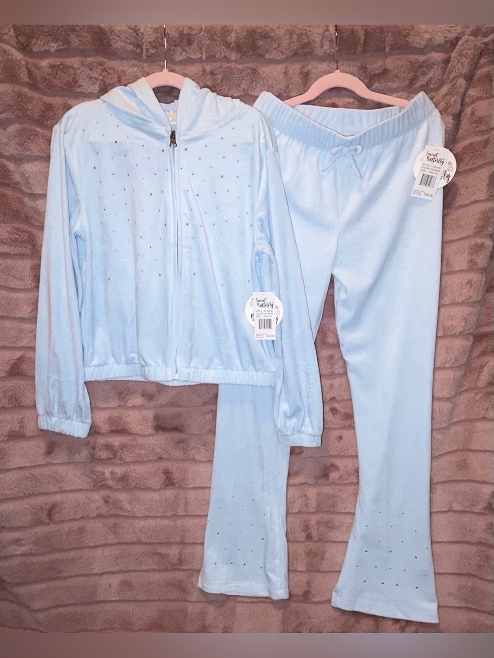 Girls' Light Blue Velour Tracksuit with Sparkle Accents